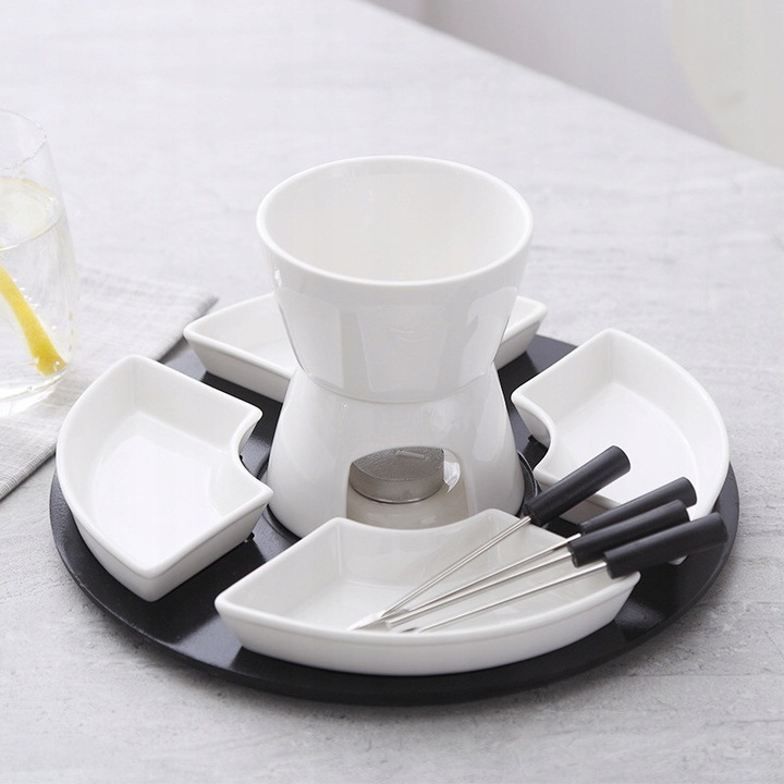 Set pentru Fondue, alb, 14,8x12,8x16,8cm, include 4 furculite