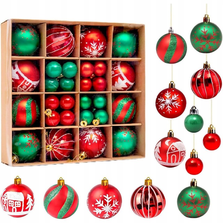 Set globuri de Craciun, 44 bucati, verde, 6 cm si 3 cm