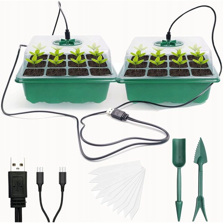 Set germinatoare seminte, 2 taci, 24 compartimente, iluminare LED, PVC, 3,7x3,7x5,5cm
