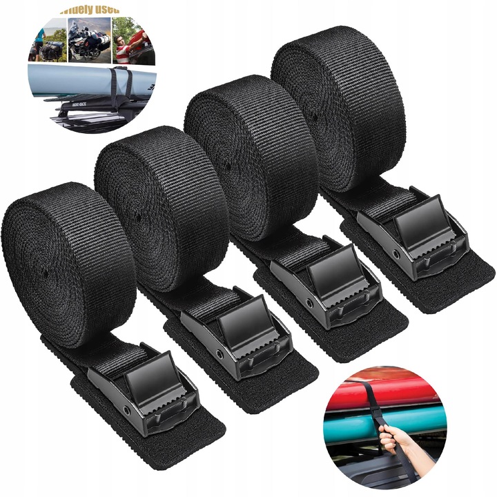 Set 4 curele de prindere, 2.5m, 250kg, negru, poliester, inox