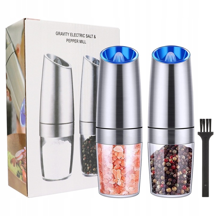 Set 2x Mlynk electric grawitational pentru sare si piper, argintiu, ceramica, 80 ml