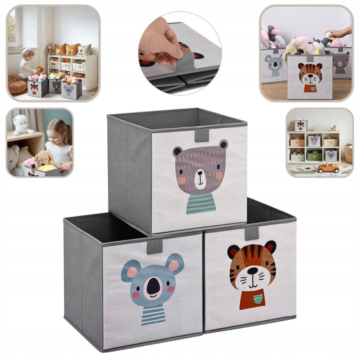 3 tárolódoboz készlet, 28x28x28cm, állatos design, összecsukható