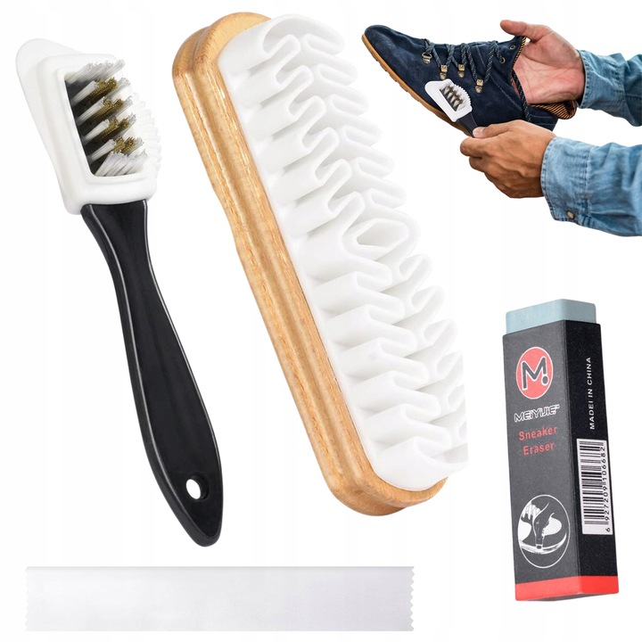 Set de curatare pentru incaltaminte din piele intoarsa, 4 perii, guma, microfibra, materiale naturale