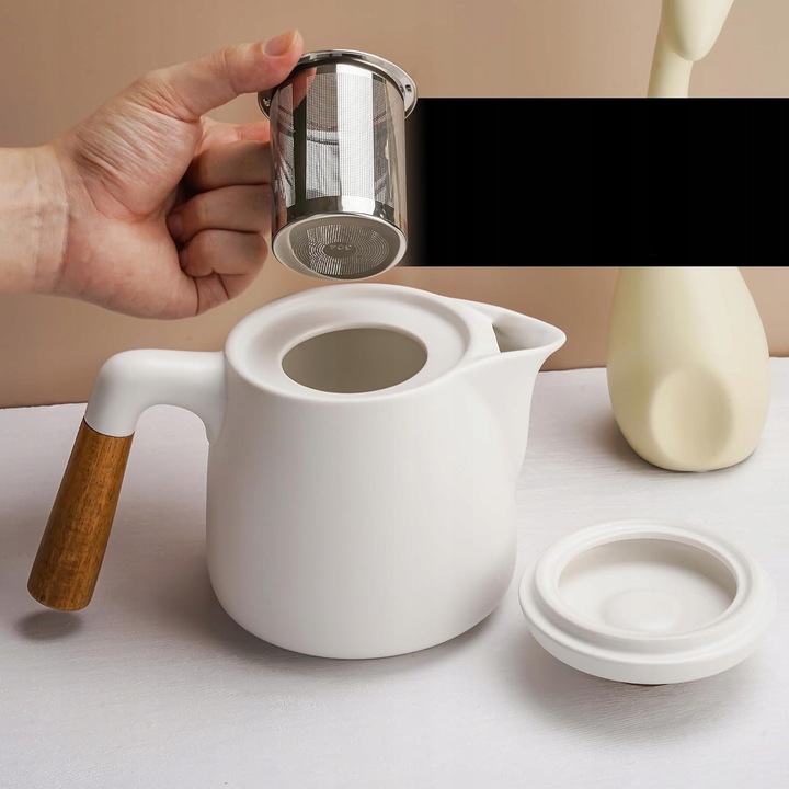 Kerámia teáskanna szett, 1000 ml, 4 db 300 ml-es csésze, fehér, bambusz alátétekkel