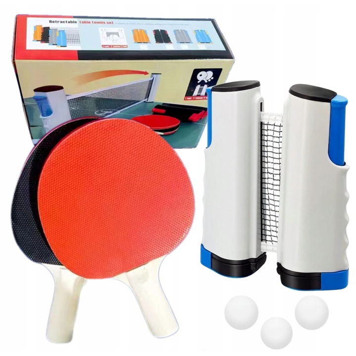 Set palete tenis de masa, 2 palete, 3 mingi, plasa pliabila, gri