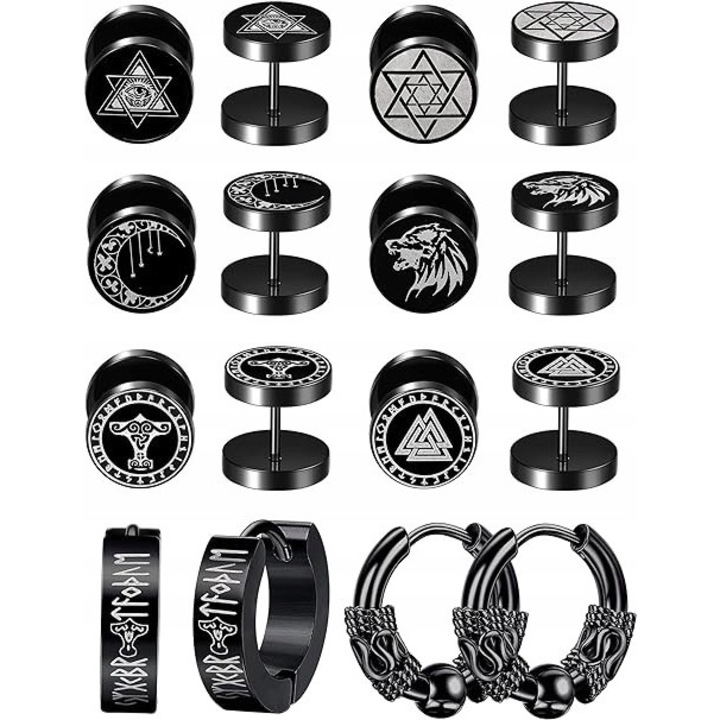 Set 8 perechi de cercei pentru barbati, inox, negru, design unic