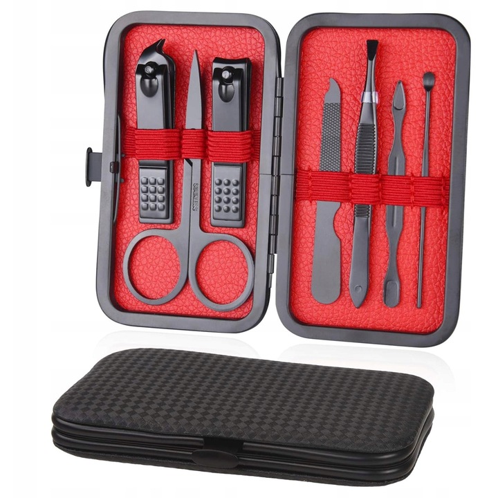 Set manichiura si pedichiura, 8 instrumente, etui din piele PU, compact