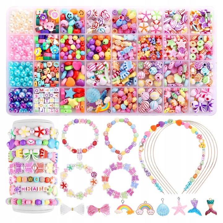 Set de bratari DIY pentru copii, 795 elemente, 32 tipuri de margele, multicolor
