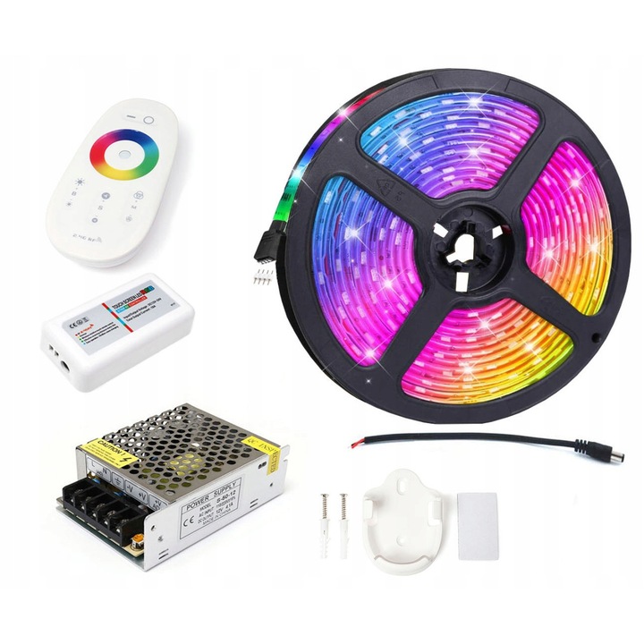 RGB LED szalag szett 5m, Berge, SMD 5050, 12V tápegység, rádiós távirányítóval