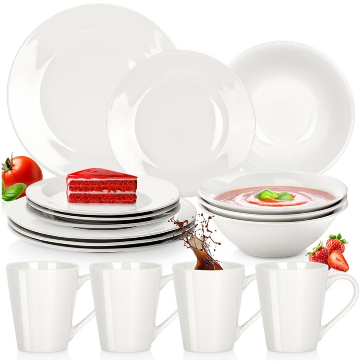Set de masa 16 elemente, Artemis, portelan alb, pentru 4 persoane, include farfurii adanci, farfurii plate, farfurii de desert si cani.