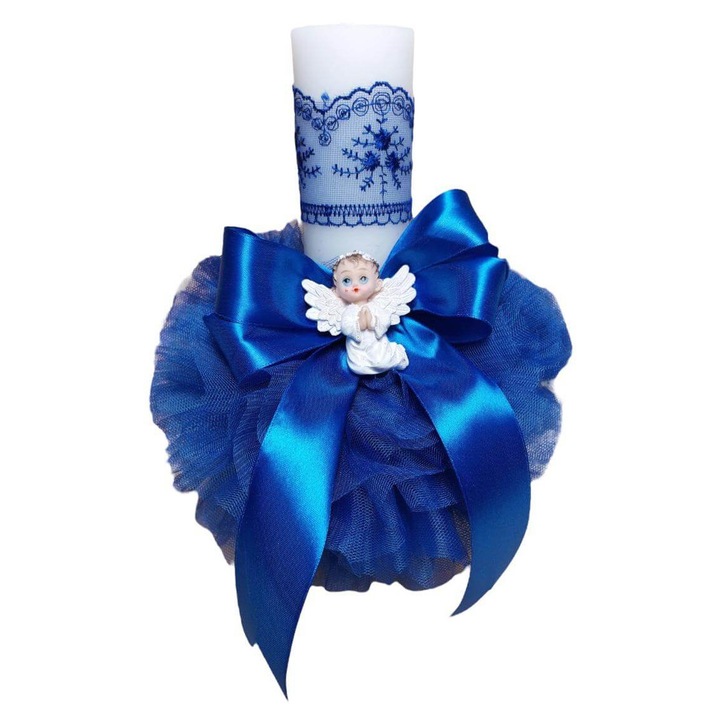 Lumanare botez cu ingeras, tulle, fundita si dantela – albastru electric, 35 cm