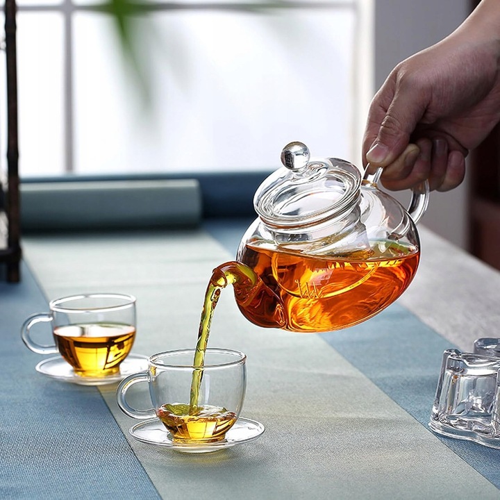 Термоустойчив стъклен чайник, 400мл, с подвижна цедка, прозрачен, 15x11x3.8см