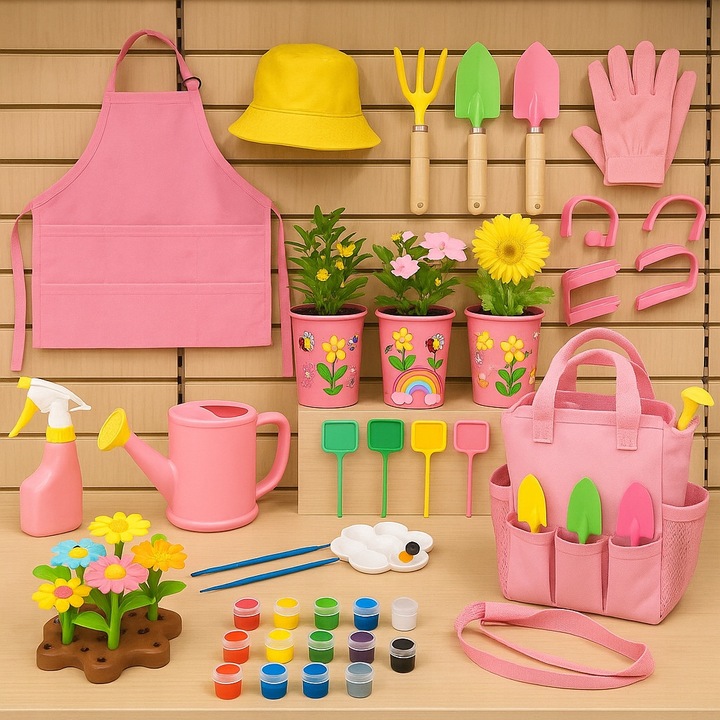 Set joaca gradinarit pentru copii, 10 accesorii si 4 ghivece, unelte, palarie, sort, multicolor