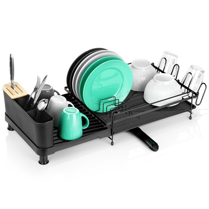 Artemis kihúzható edényszárító, fekete fém, 48-70x32,5x18cm, evőeszköztartóval