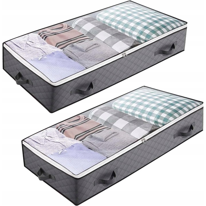 Комплект 2x кутии за съхранение под легло, 90 л, сиви, 100x50x18см, с дръжки и капак, органайзер за дрехи и спално бельо