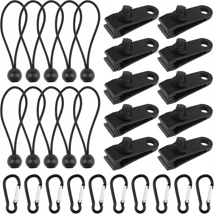 Set 30 accesorii corturi, clipsuri, carabiniere, nylon, multicolor