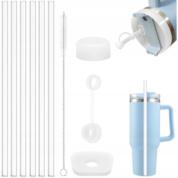 Set accesorii pentru cana Stanley, 6 paie reutilizabile, 1 perie de curatare, 1 capac