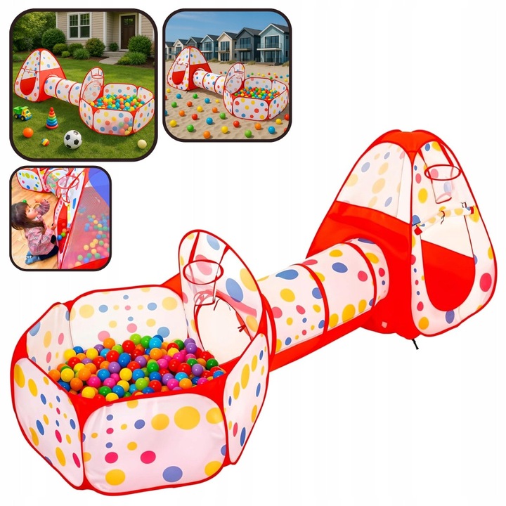 Set corturi pentru copii cu tunel si 2 cosuri de baschet, activitate in aer liber, 1-3 copii, poliester, multicolor