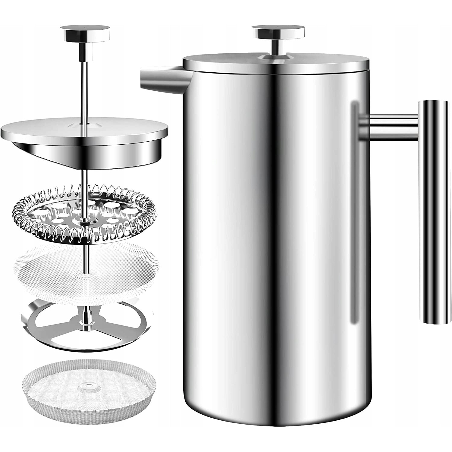 Aparat de cafea Kichly, 1 litru, inox, cu 3 filtre, prindere din sticla rezistenta la temperaturi ridicate