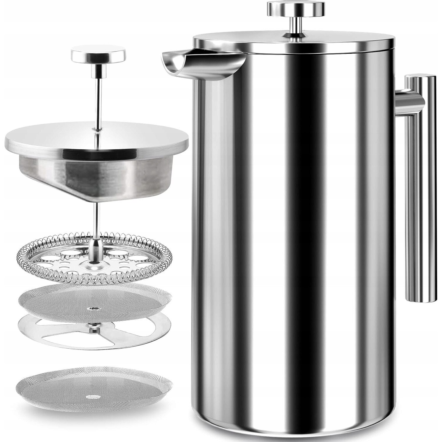 Aparat de cafea Kichly, 1 litru, inox, cu 3 filtre, prindere din sticla rezistenta la temperaturi ridicate