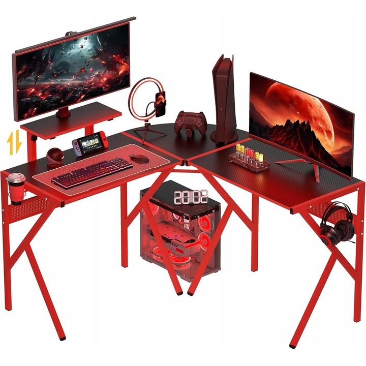 Birou gaming mare, 125x125x75cm, rosu, design modern, multifunctional