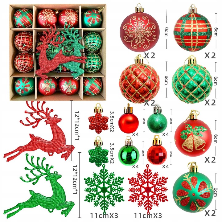 Set 40 globuri de Craciun, diverse culori si stiluri, 3-12 cm