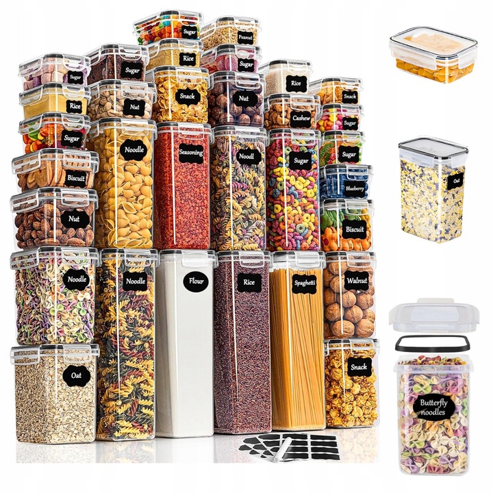 32 darabos légmentesen záródó élelmiszertároló készlet, címkékkel és markerrel, BPA-mentes, átlátszó