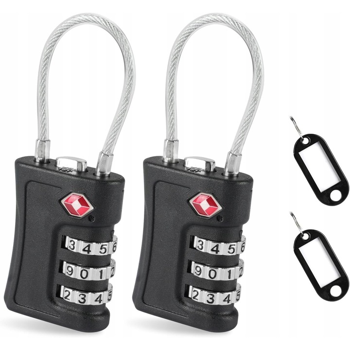 Set 2x Lacate Securitate TSA, Culoare Neagra, Dimensiuni 4cm x 3.4cm, Brelocuri Incluse