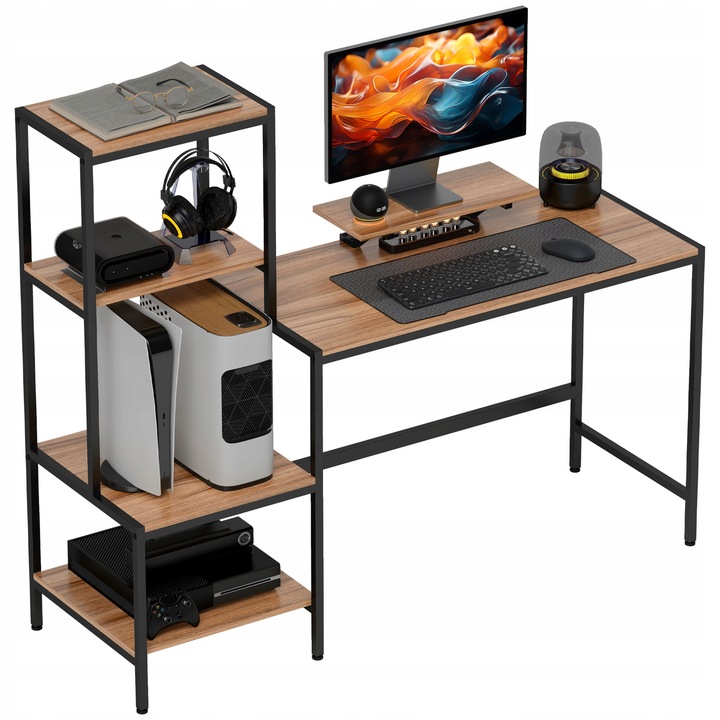 Birou HOMCOM cu raft, MDF si metal, negru, 137x55x92cm, 2 sertare