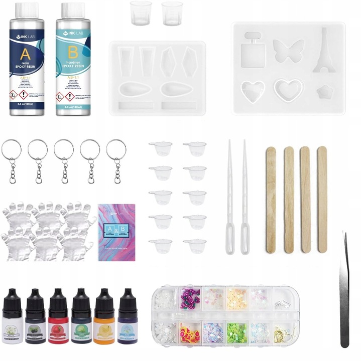 Set de artizanat, INK LAB, rasina epoxidica, 4 pigmenti, 2 forme siliconice, multicolor