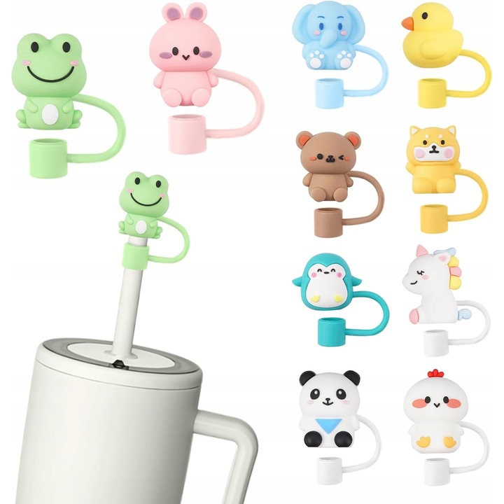 Set 10 dopuri pentru paie, Stanley, design creativ, compatibile cu cani 850ml si 1200ml, silicon alimentar, multicolor