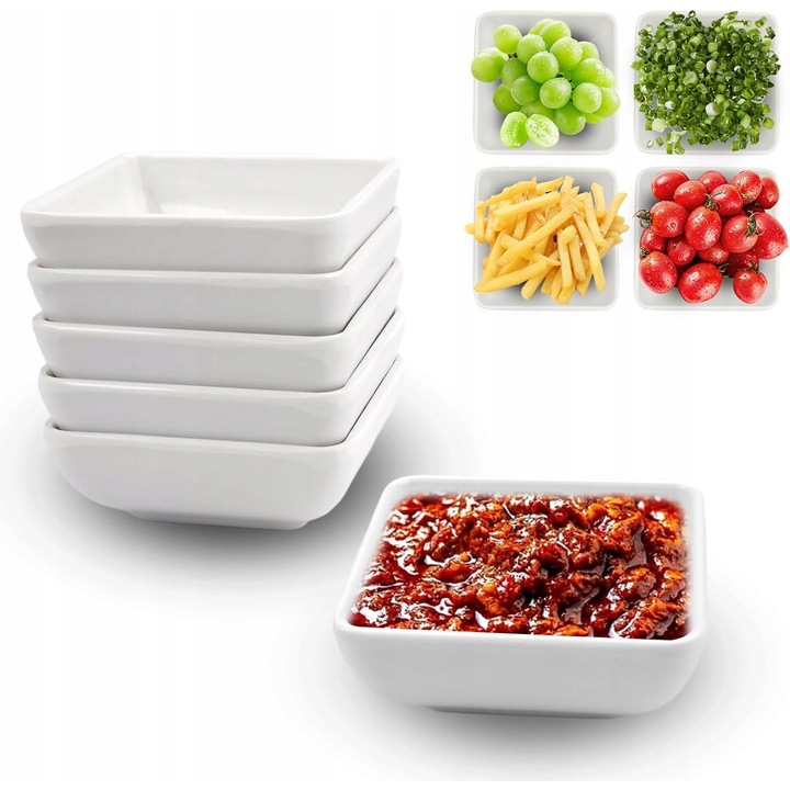 Set 6 boluri mini albe pentru sosuri si dipuri, ceramica, dimensiuni compacte