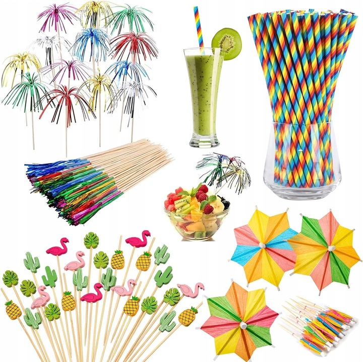 Комплект декоративни коктейлни аксесоари от 140 елемента, различни модели, екологични, многоцветни