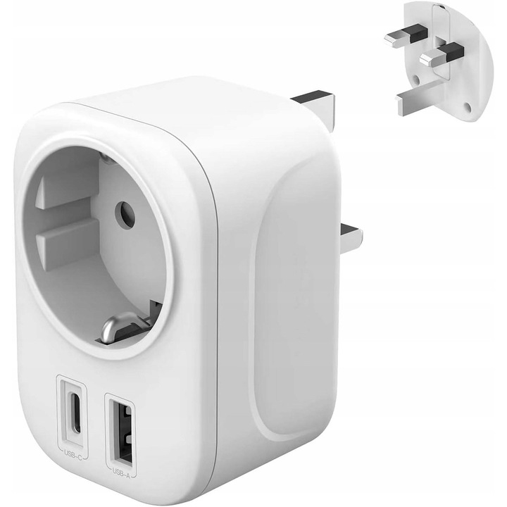 Adaptor de calatorie tip G, 1 port USB-A, 1 port USB-C, alb, 7x5,5x8cm
