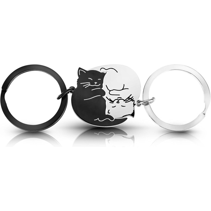 Breloc cu doi pisoi, cadou pentru cupluri, din otel inoxidabil, 2,3x1,4cm