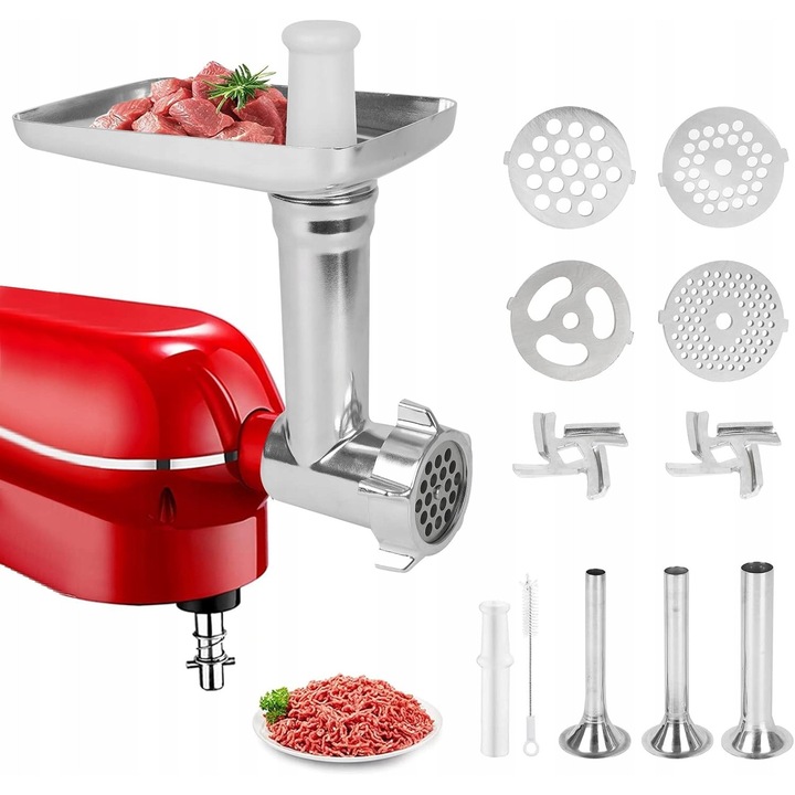 Set accesorii pentru masina de tocat carne, 13 in 1, inox, argintiu