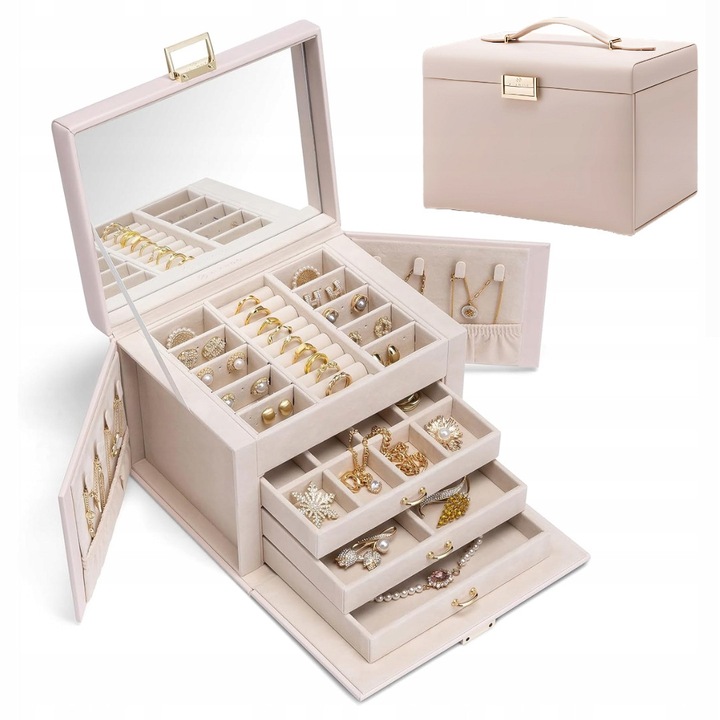 Cutie bijuterii, 4 niveluri, cu oglinda, 3 sertare, piele PU, multicolor