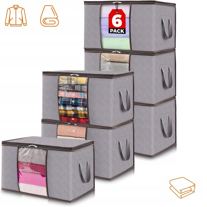 Set 6 organizatoare pentru haine, 50L, gri, dimensiuni 50x36x28cm