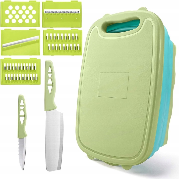 Tocator de bucatarie multifunctional 9in1, verde si albastru, 35x23cm, set cu 5x lame si 2 cutite