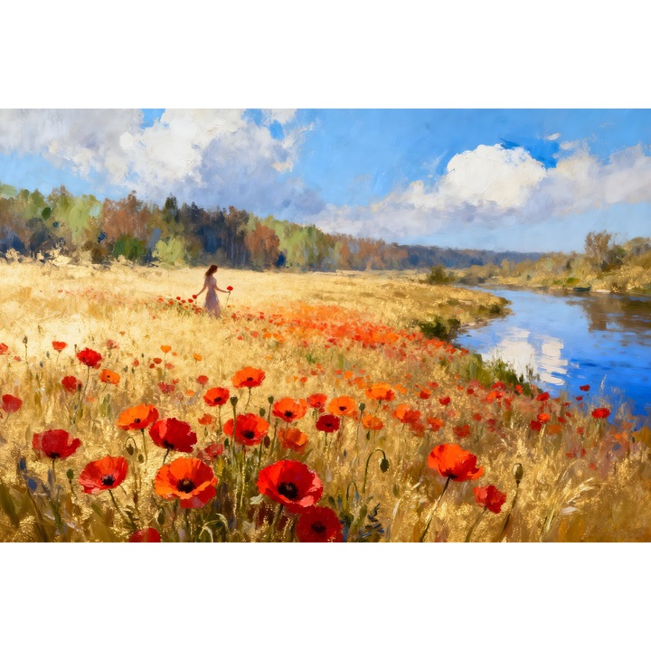 Tablou Canvas Femeie in lanul de maci, 90x60cm, padure, rau, natura, stil pictura, sasiu de lemn, panza de bumbac 90%, agatatoare invizibila, pentru bucatarie, living