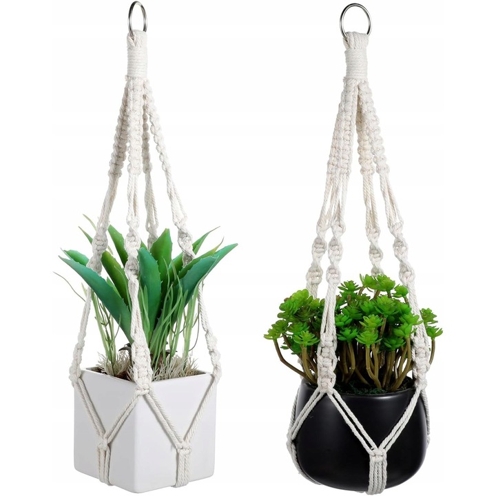 Set 2 ghivece suspendate din bumbac natural, stil boho, culoare alb/beige