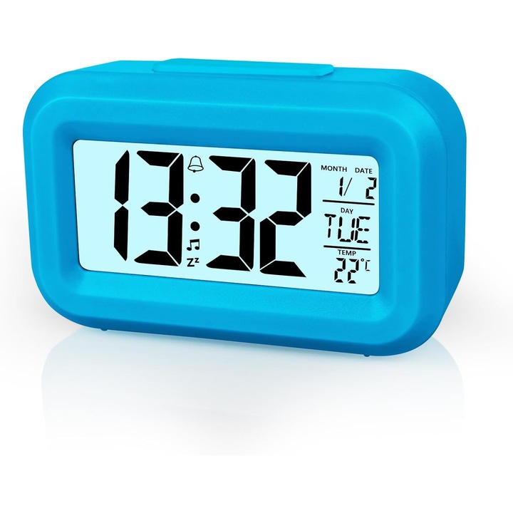 Ceas digital, fara marca, cu ecran LCD, functie de alarma, dimensiuni 8,8x5,3x2,8cm, 9 melodii, iluminare.