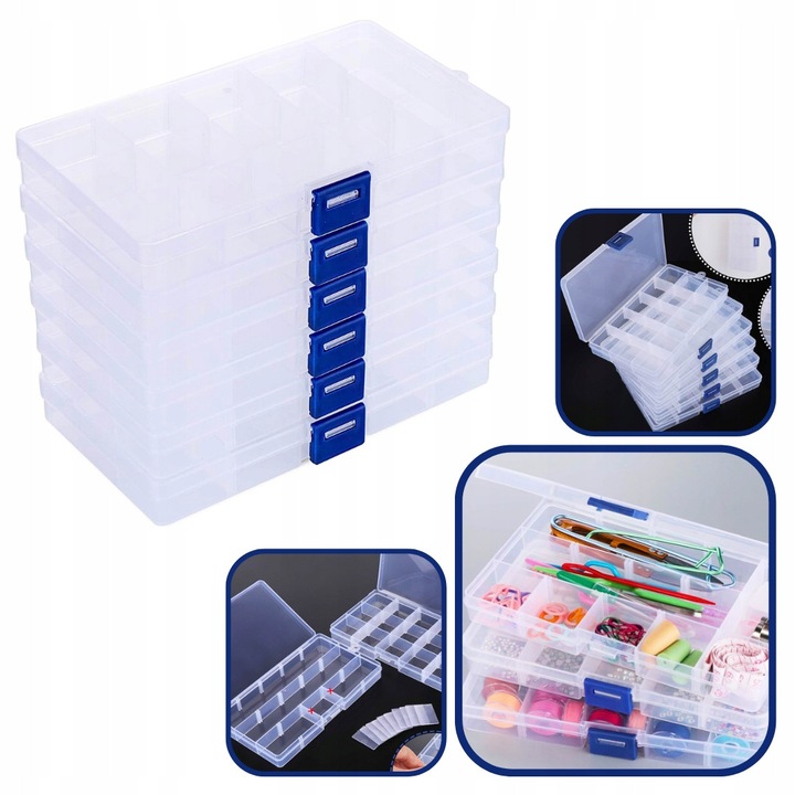 Átlátszó tárolódoboz készlet, 4 darab, 15 rekeszes rendszerező, 17,4x9,5x2,2 cm, ékszerekhez és barkács eszközökhöz
