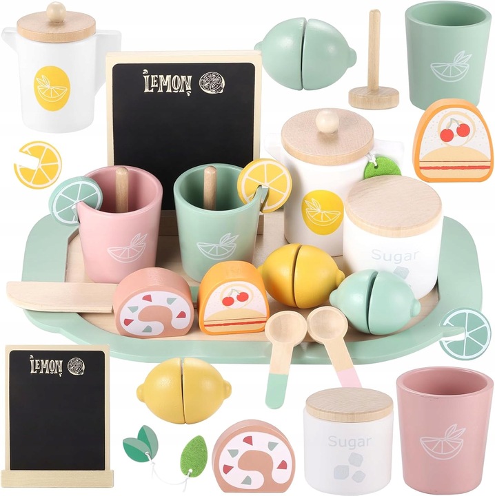 Set de ceai din lemn pentru copii, 20 piese, design Morandi, dimensiuni potrivite pentru 3-8 ani, culori naturale