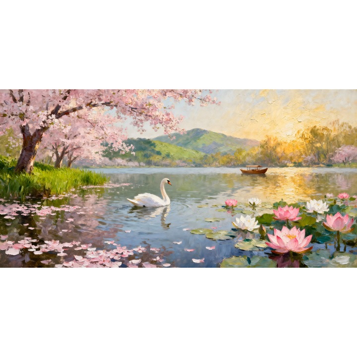 Tablou Canvas Peisaj in japonia, cu lac, munte, sakura 120x60 cm, sasiu de lemn, panza de bumbac 90%, agatatoare invizibila