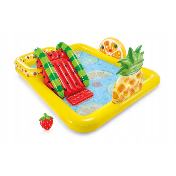 Intex felfújható medence 2,44x1,91x0,91m, 550L kapacitású, csúszdával és gyümölcsökkel, 3 év feletti gyermekeknek