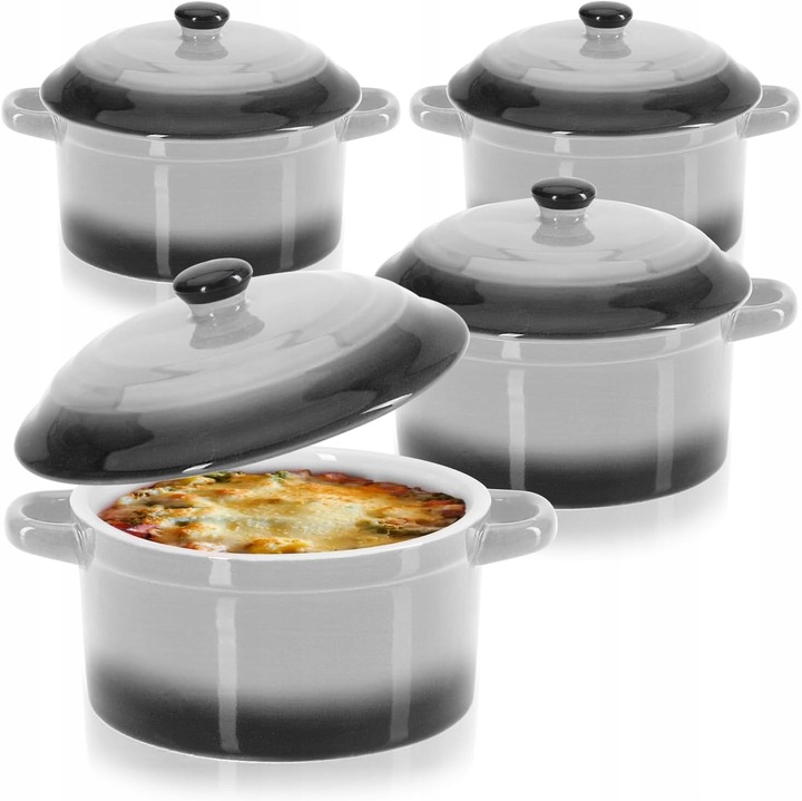 Set 4 forme ceramice zaroodporne pentru deserturi, ideale pentru creme brulee, dimensiuni 14x10,5x8,5cm, capacitate 250ml