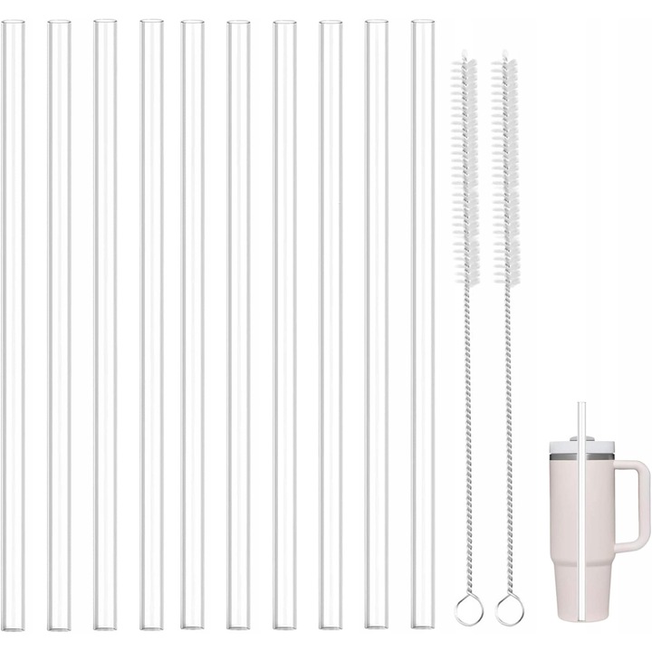 Set 12 Piese - 10 Paie Reutilizabile Transparent + 2 Perii de Curatare, Plastic Fara BPA, 30cm