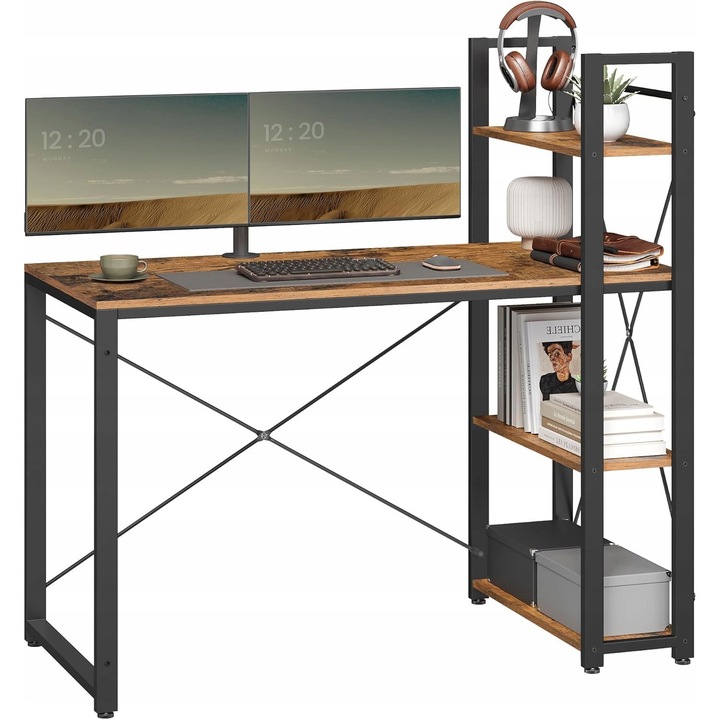 Birou computer cu raft, vintage bronz, 120x60cm, design industrial, stabilitate ridicata