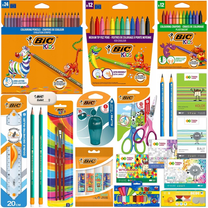 Set complet de rechizite BIC Kids pentru clasele 1-3, 24x creioane colorate, 12x creioane cerate, 12x markere, 4 blocuri, 4x lipici, 3x pensule, multicolor.